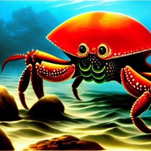 ultra detailed fullbody Drawing of a Cyborg Sea monster Gigantic RED Alien Crab on the shore ,open mouth, with sharp teeth, with glowing Green eyes, with humungus mechanical pincers, extremely detailed digital painting, intrincate, extremely detailed face,crystal clear Big eyes, in the style of Frank Frazetta, mystical colors , perfectly centered image, perfect composition, rim light, beautiful lighting, 8k, stunning scene, raytracing