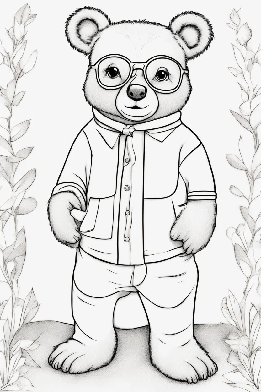 Outline art for cute coloring pages with bear with glasses, full body, white background, sketch style, only use outline, clean line art, no shadows and clear and well outlined.