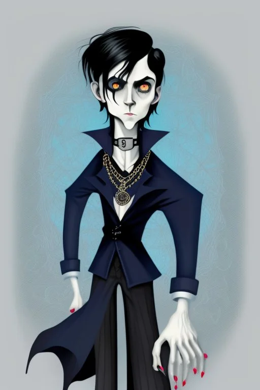 black haired blue eyed young man necromancer wizard with gothic jewelry in the style of charles addams