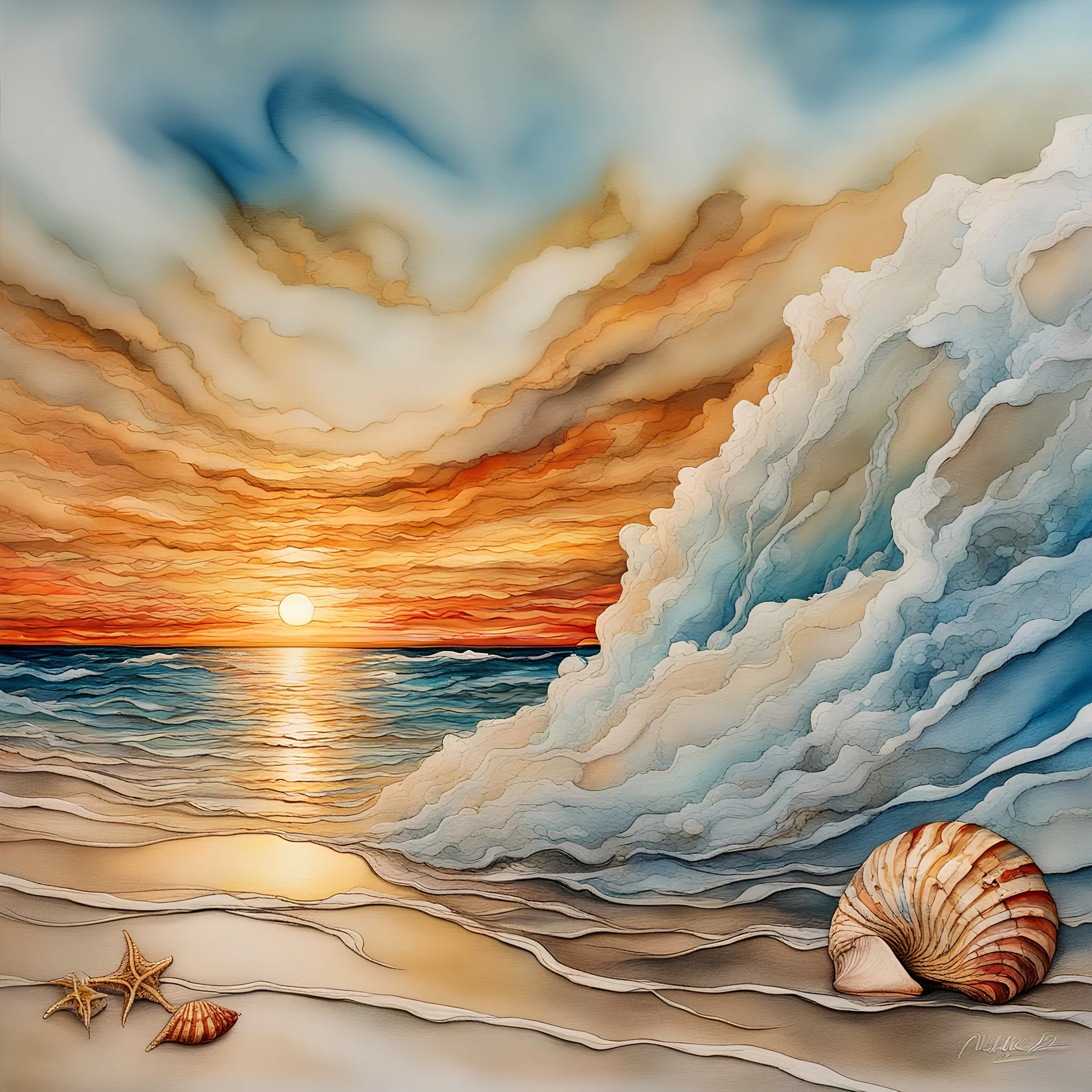 Alcohol ink art with thin black and gold lines at boundaries. Hyper realism, Fantasy, Surrealism, HD, Detailed. Centered. Shades of white, gold, red, and light blue. A beach with fine sand. Very large sun rise on horizon. Reflection. Waves splashing in the night. Seashells. The sky filled with the morning colors of sunrise.