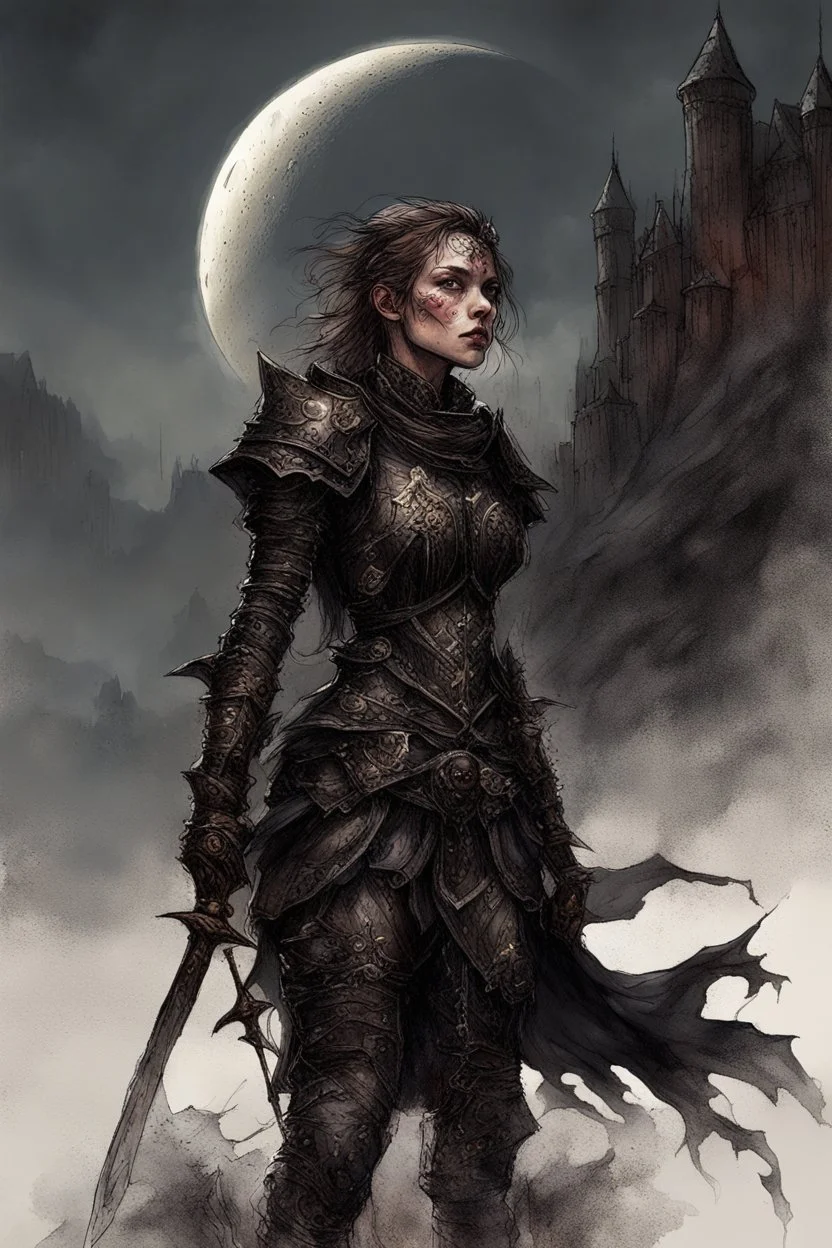 A formidable warrior girl in black armor, against the background of an amazing gloomy landscape, flooded with the light of two moons, mountains, trees, a fabulous scary landscape, juicy emotions, painting, dark fantasy, gloomy day, dark world, portrait, Gothic Town At Night, Fantasy, Intricate Details, Castle Courtyard Gardens, Hyper Detailed, Jean Baptiste Monge, Carne Griffiths, Michael Garmash, Seb Mckinnon, Masterpiece