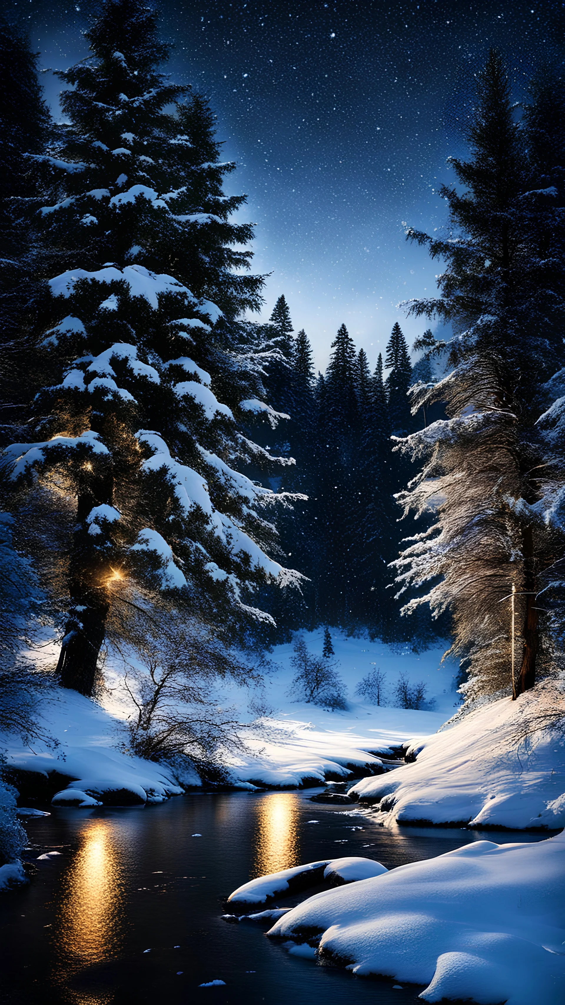 christmas time,photo of a snowy fir forest, midnight hour,fireflies,riverside,Dramatic scene,splash color,