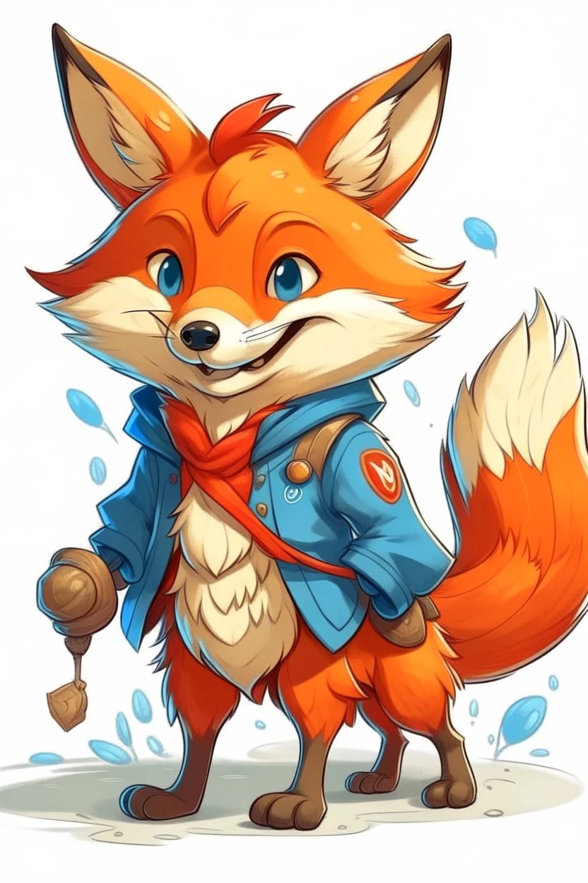 A happy fox with blue eyes with red jacket hunting a duck