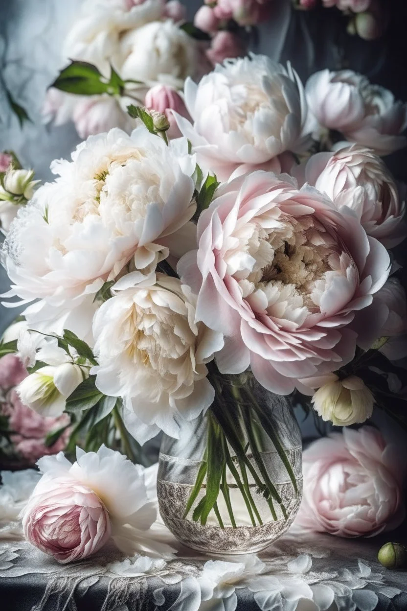 professional foto fantasy, beautiful bouquet of white,realistic photo,sketch, delicate drawing,oil painting, beautiful landscape, branch of large lush white and pink lace peonies of large flowers, pixel graphics, lots of details, sensuality,realism, high quality, decoration, hyperdetalization, professionally, filigree, hyperrealism, transparency, delicate pastel tones,backlight, contrast,fantastic, fabulous,unreal, translucent,luminous, clear lines,light green,white and pink