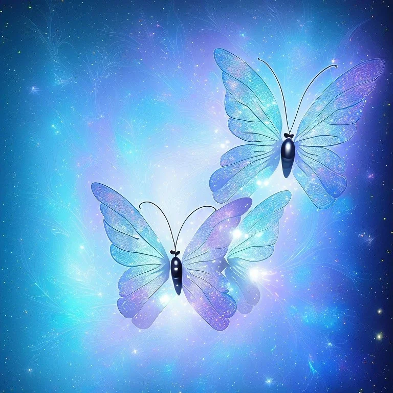 subtle transparent bright glitter blue butterfly, light, galactic, subtle flowers