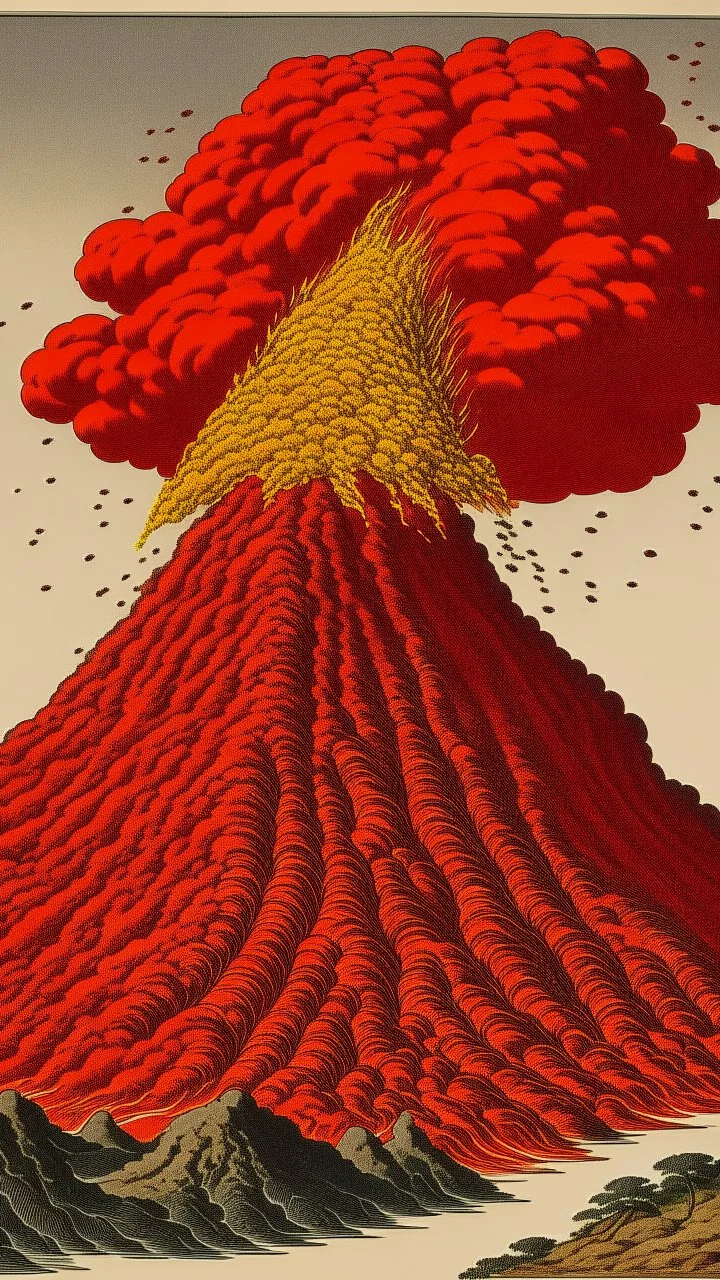 A red fiery volcano made out of cinder painted by Katsushika Hokusai