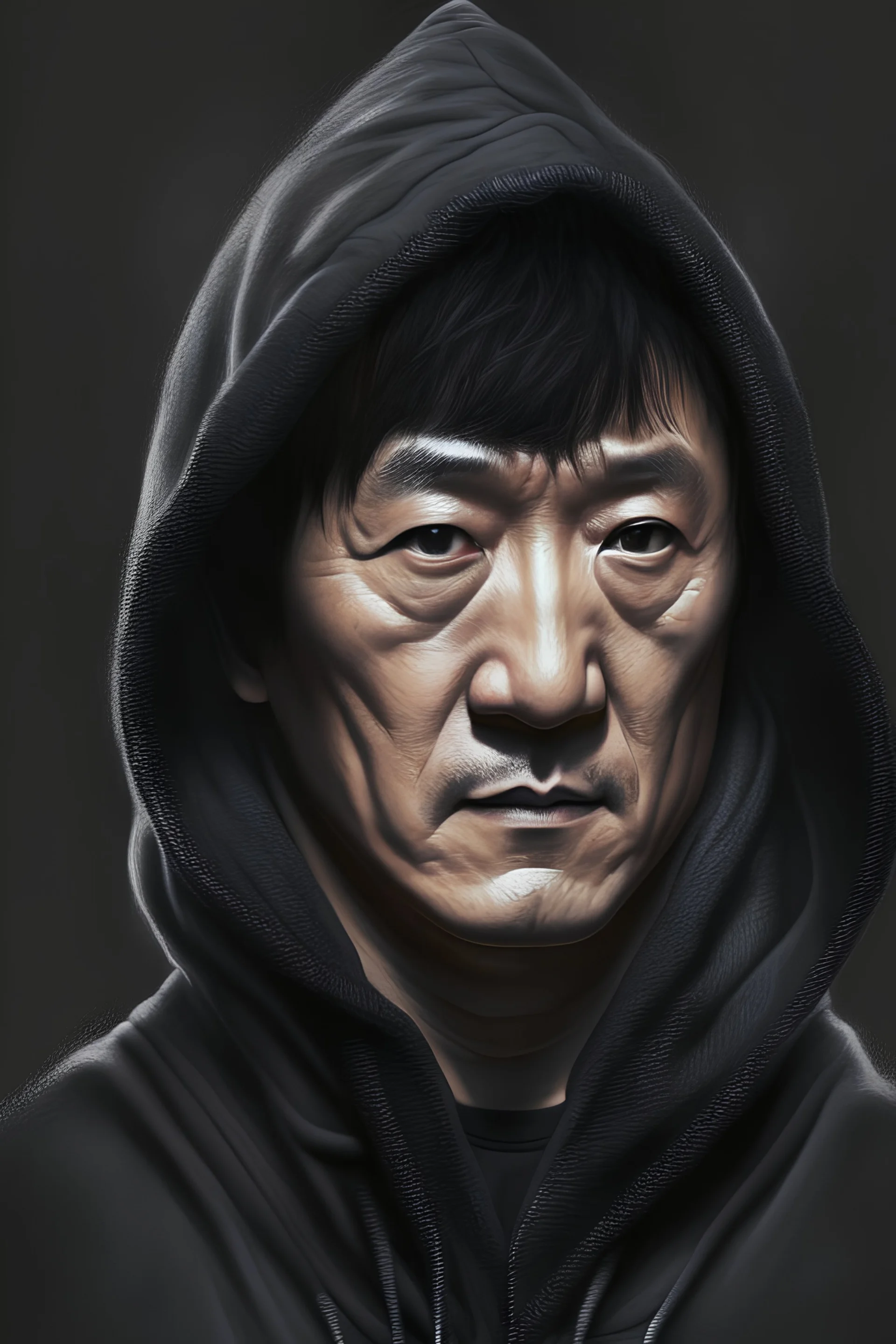 Portrait of a Jackie Chan in a black hoodie
