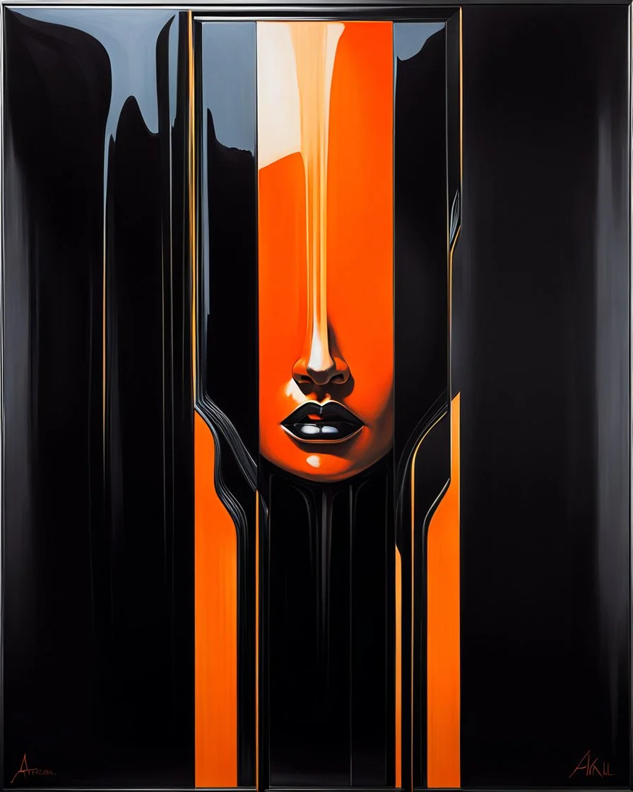 acrylic oil painting of a null liminal juxtaposition by arafed exaggeration, oversized parts, exaggerated head, excellent verticals, amazing reflections, obsidian black glass win vivid orange tint strokes