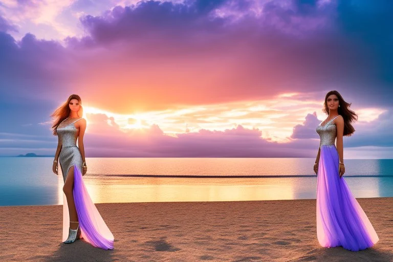 very nice real face beautiful sexy roman with make up at the beach standing pose in a short lace purple and silver dress, full body, 3D cloudy sky volumetric nice clouds 8k sharp focus,sunset,golden hour,medium shot