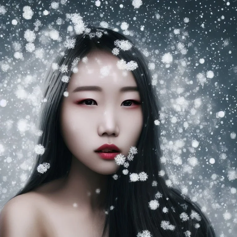 wonderfull korean woman, curves, cyborg, platinum long hair, hair covering one eye, ultradetailed fine art photo of a korean , weet face portrait, snow flakes particles, 35 mm