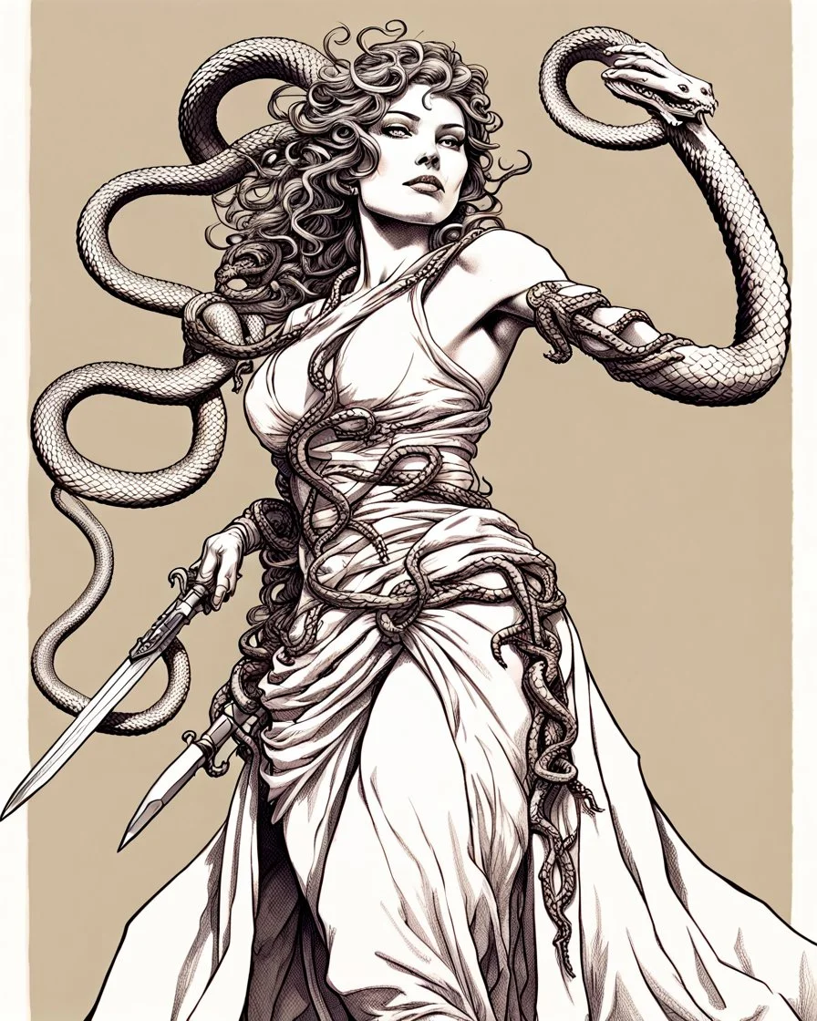 detailed persona, female, sword in hand, gorgon medusa, half turn, full height, leans on one leg, snakes on the head instead of hair