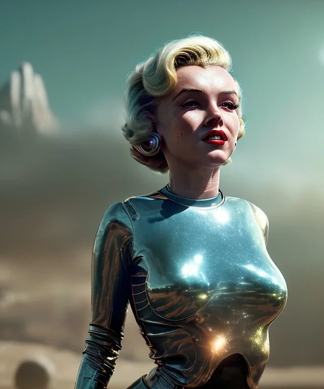 Ultra Realistic retro sci-fi 1960 scene, waist up view portrait, blonde woman, sweet young Marilyn Monroe face, perfect iris, tight latex coat, alien planet background, tight style, steel sphere dron levitating, fog, rain, soft color, highly detailed, unreal engine 5, ray tracing, RTX, lumen lighting, ultra detail, volumetric lighting, 3d, finely drawn, high definition, high resolution.