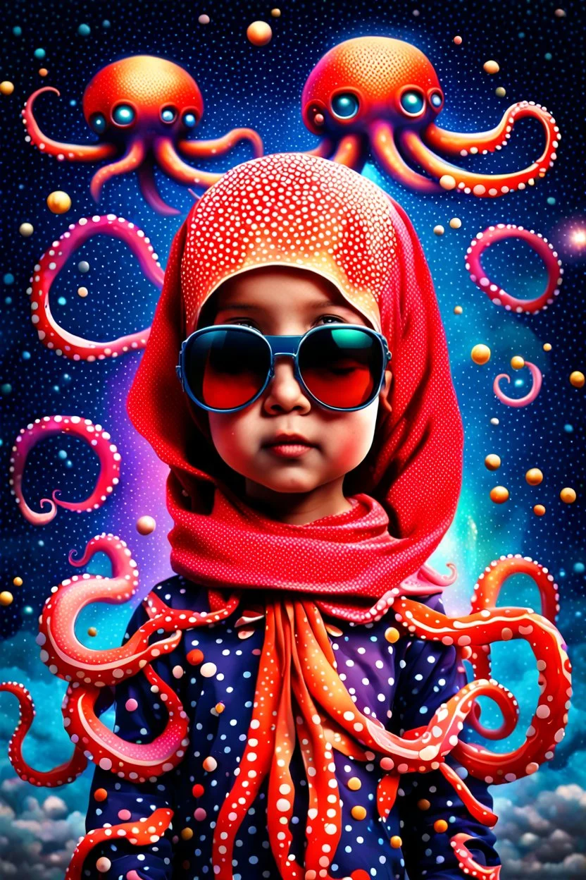 Little girl hijab indonesia clothing an octopus, red hair, octopus on head, long tall, falling comets, reflective sunglasses, heavy rain, outer space, shooting stars, dramatic light, laser beams, space war, battlefield face made of dots, pointillism, dotted multicolored shapes, symmetrical, digital art, hologram, virtual reality, digitized structure, ultra detailed, 3d render, trending on, by addiedigi