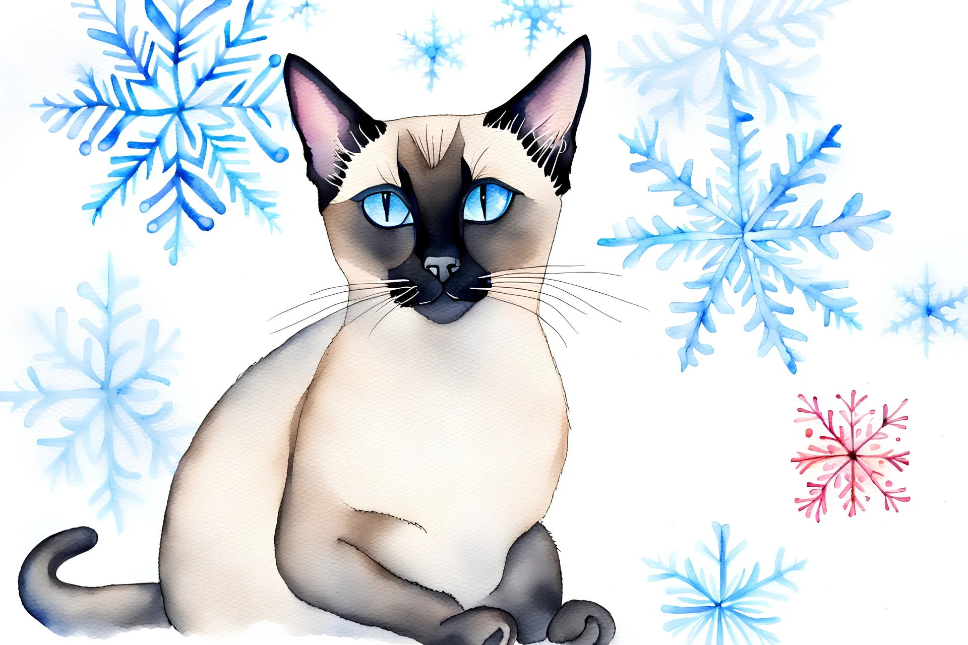 Xmas, siamese cat, watercolor, wet on wet, snowflakes, zentangle