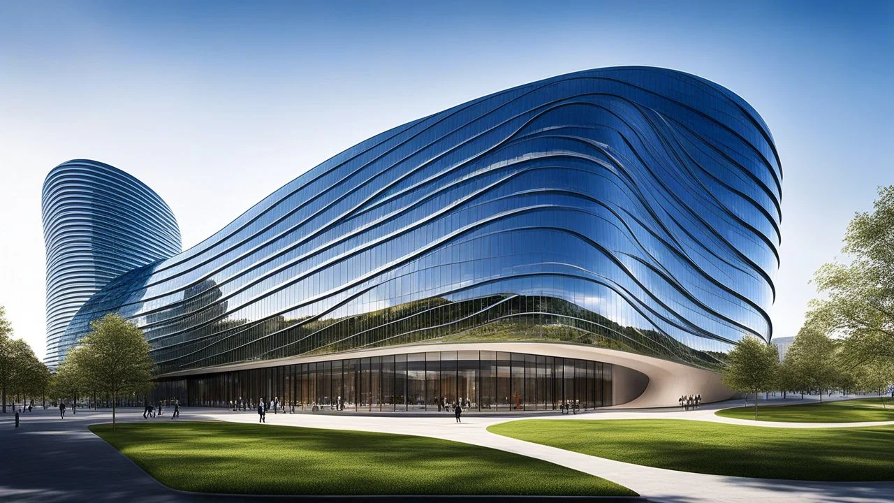 A stunning office building shaped like a sinusoidal wave, with the undulating curve running along its length. The façade is made from alternating bands of reflective glass and matte metal, giving it a dynamic, flowing appearance that changes depending on the angle of the sunlight. The curving waves wrap around the structure, creating a rhythm that mimics the rise and fall of mathematical waves. Award-winning photograph.