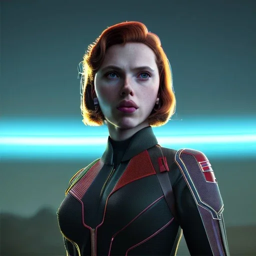 retro sci-fi portrait image from 1960, supermarket parking explosion, fire, classic black widow, young Scarlett Johansson, tight lycra suit, soft color, highly detailed, unreal engine 5, ray tracing, RTX, lumen lighting, ultra detail, volumetric lighting, 3d, finely drawn, high definition, high resolution.