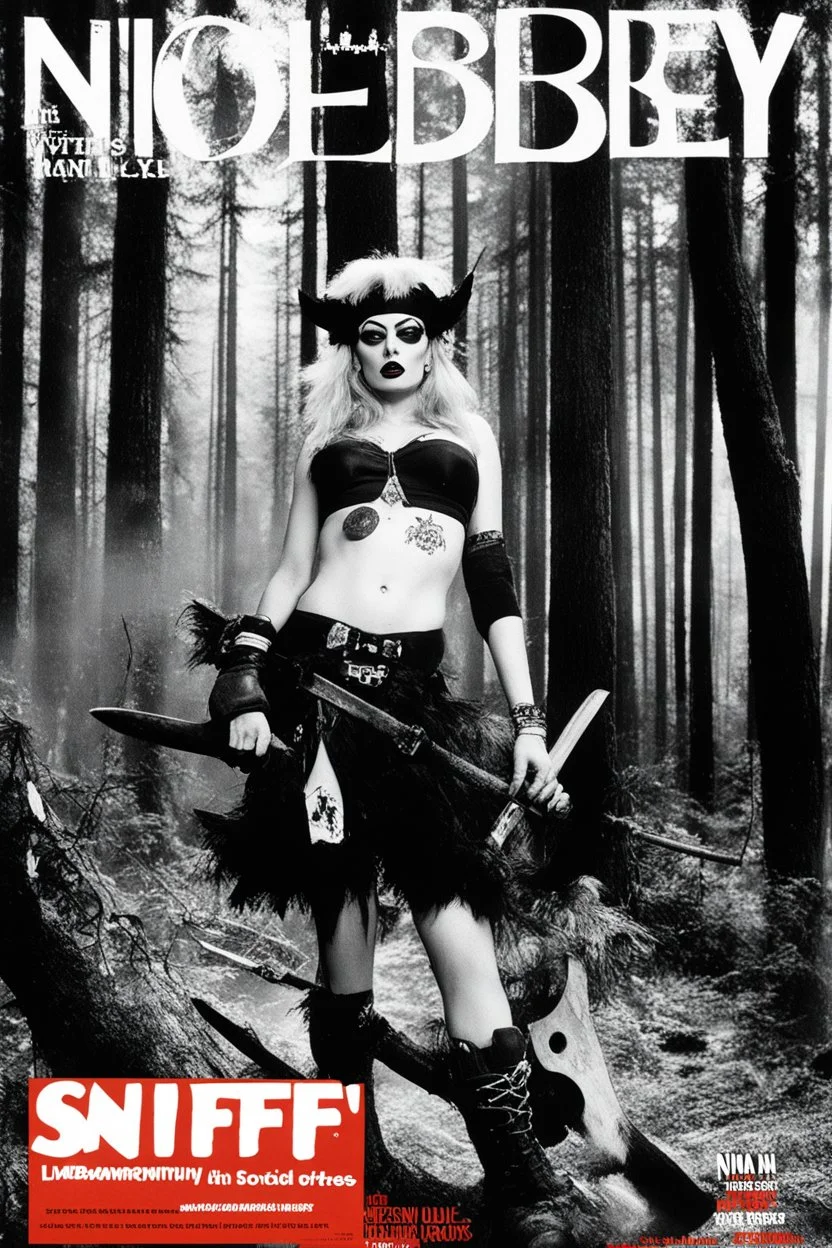 SNIFFIN’ GLUE magazine high res photo cover by Ralph Steadmann:, special Disobey issue, guest star: Nina Hagen in lumberjackwith a bloody axe in a forest surrounded by woods, NO RULES, just punk