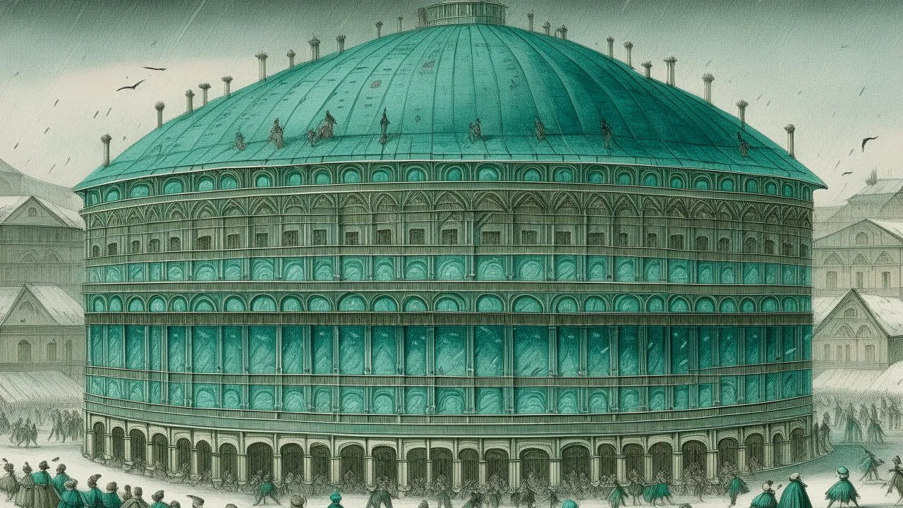 A grayish teal coliseum in a blizzard designed in German folk art painted by Albrecht Durer