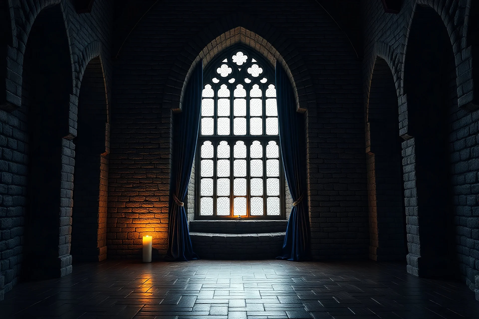 hyper realistic photo of medieval castle interior, majestic empty hall, brick grey wall, there's a curtain with dark blue and gold curtain, in background there's big windows in centered of frame, the picture is beautifull with glow effect from light candle