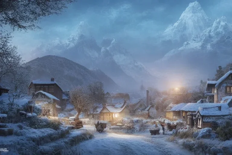 highly detailed small village scene in skelig, sunrise, illustration, background snowy mountains, cinematic lighting, 4k, 8k, octane render, digital concept art, trending on artstation, pinterest, extremely detailed, ambient lighting.