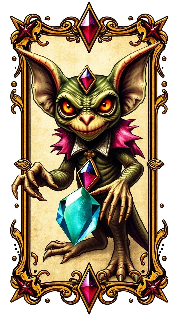 kobold gremlin with gem joker card with ornate frame