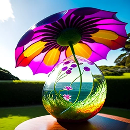 Surreal Waiizii Flower under a glass sculpture unbrella, Art by Joshy Sly,