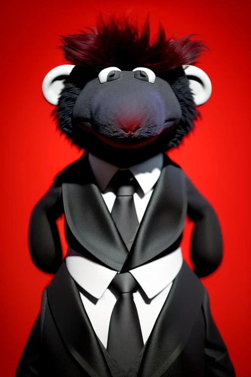 Waist up muppet Portrait, Kim Jong-un muppet doll, black suit, photo studio, red background, unreal engine 5, concept art, art station, god lights, ray tracing, RTX, lumen lighting, ultra detail, volumetric lighting, 3d.