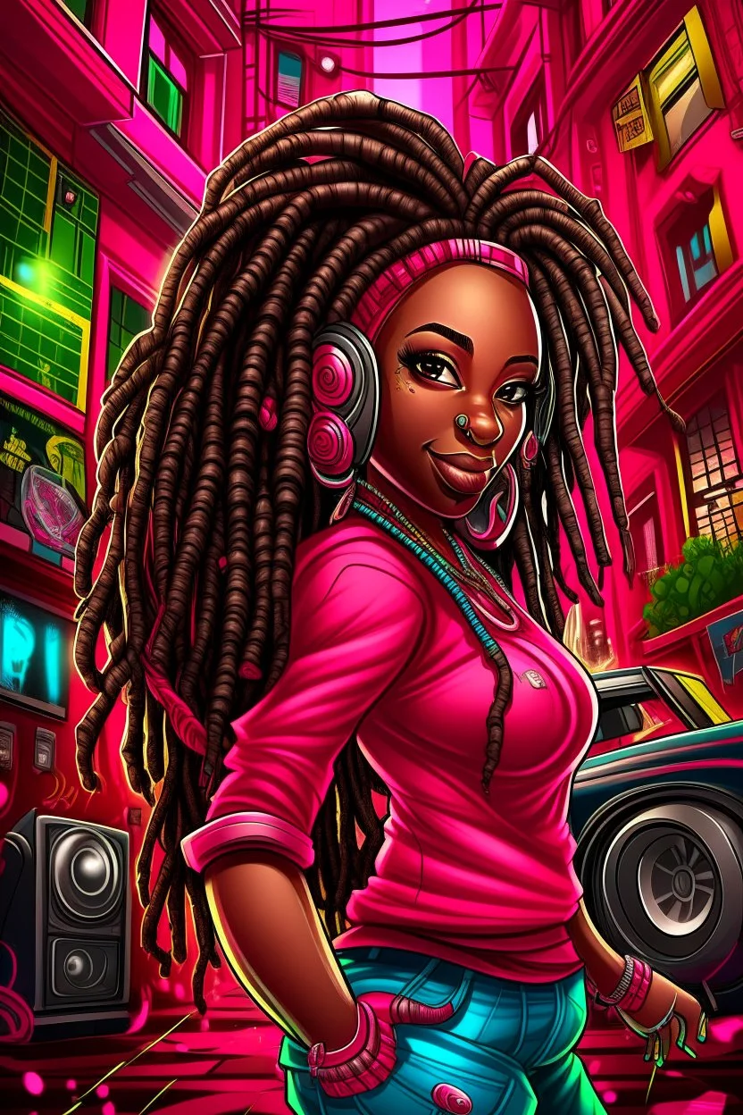 Create a digital airbrush cartoon of a curvy African American female wearing a hot pink jean outfit with timberland boots. Prominent make up with hazel eyes. She is wearing large diamond hoop earrings. Extremely highly detailed very long dread locs hair that shines. Background of a night club.