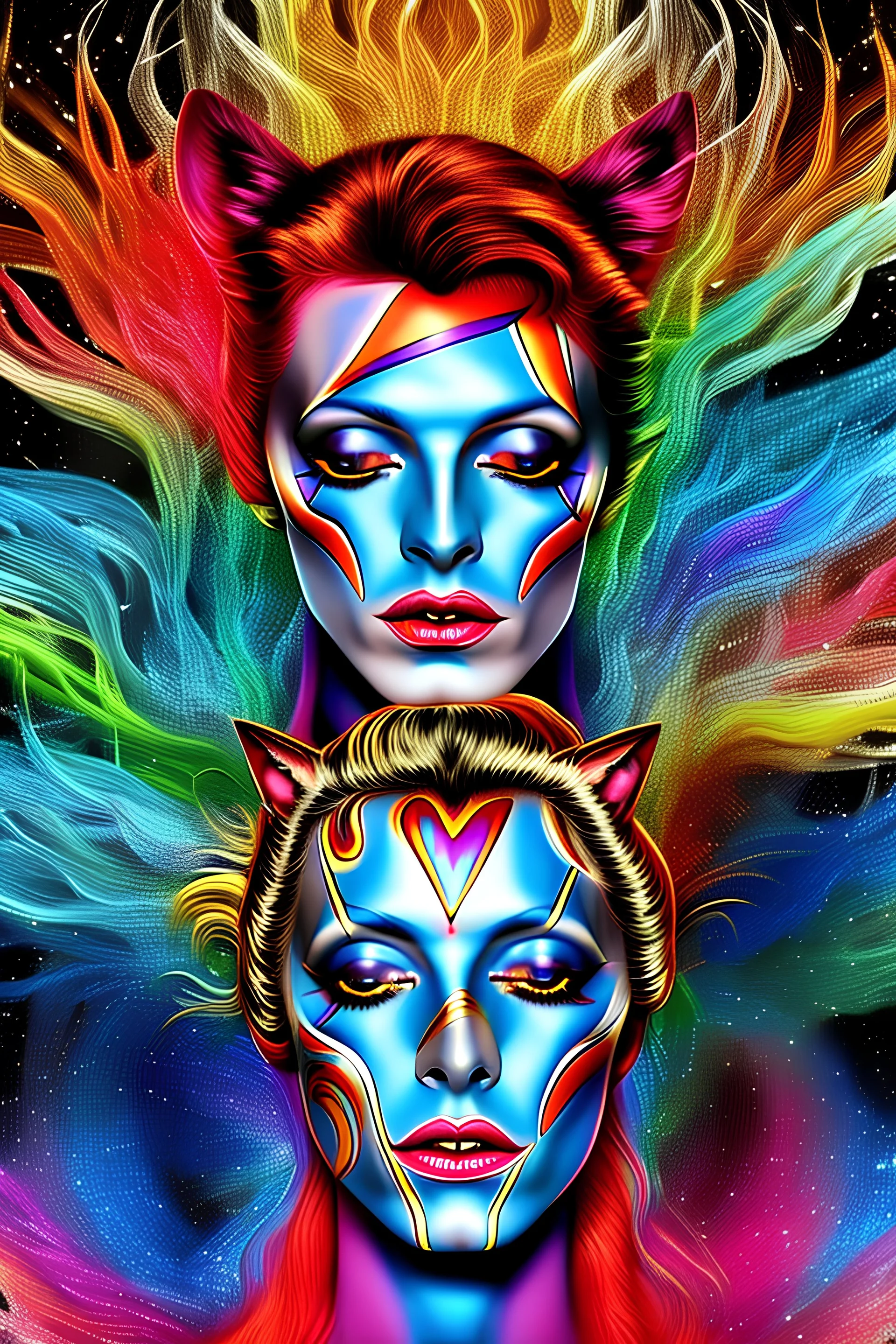 Psychedelic motif, in the style of Salvador Dali, David Bowie as a cat with an electric guitar, HD 4K, scientific detail, photo-realistic with accurate face and features, cinematic volumetric lighting