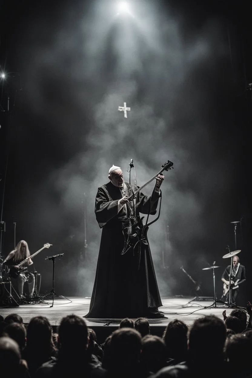 papež hraje na pódiu v blackmetalové kapale na baskytaru a řve do mikrofonu, ponurá atmosféra, veliká scéna koncertu, pentagram, obrácený kříž, veliký kontrast, hodně detailů, fotorealistické, RAW