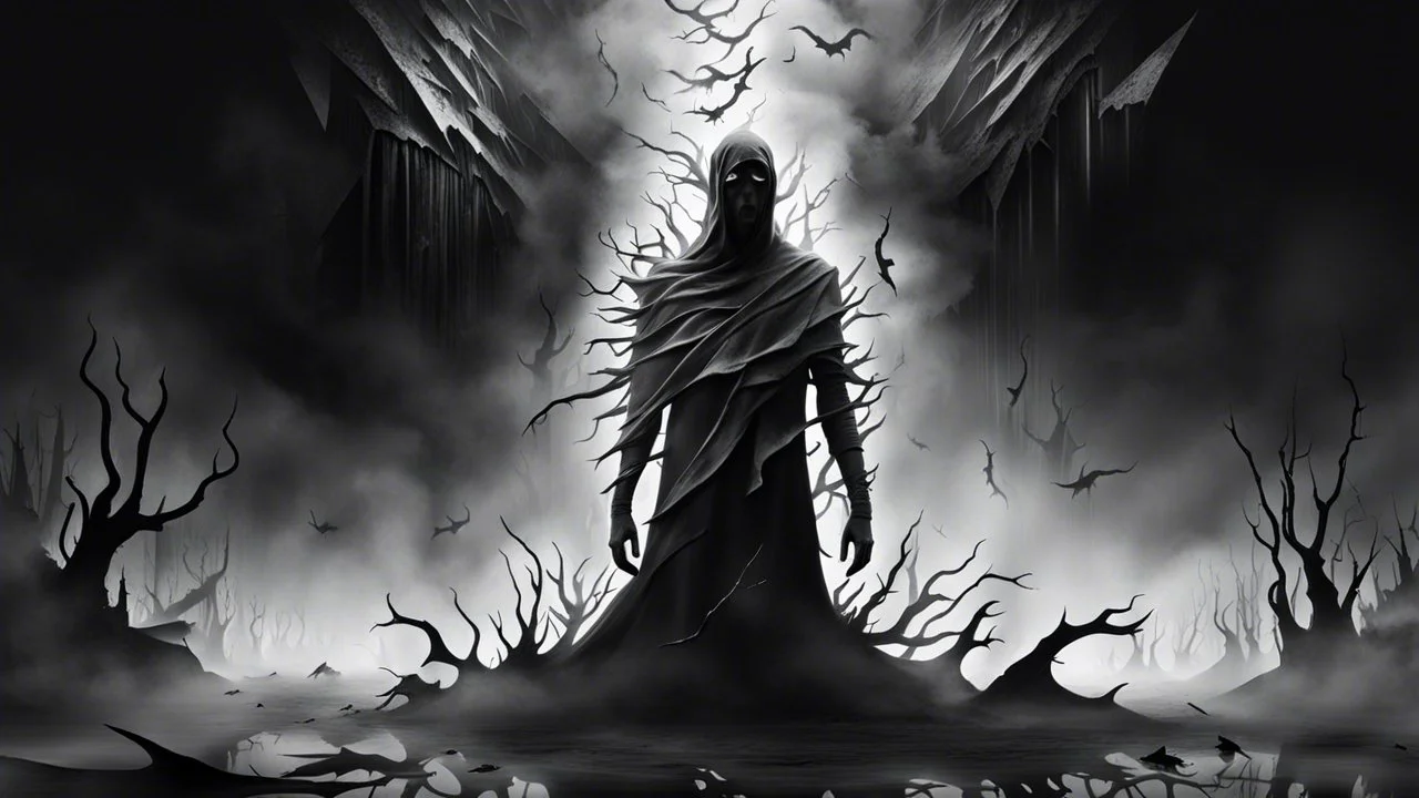 surreal vibe, grayscale, black and white, a caracter dissolving into shadows and fog, body torn into shards of light and darkness. A haunting, nightmare, composition that captures isolation, inner demons, struggle of anxiety. surreal, fog, shadows, atmospheric