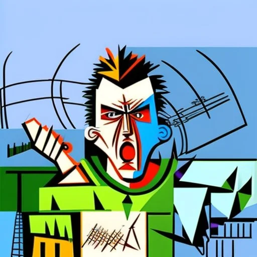 very angry working factory man, picasso style, art deco