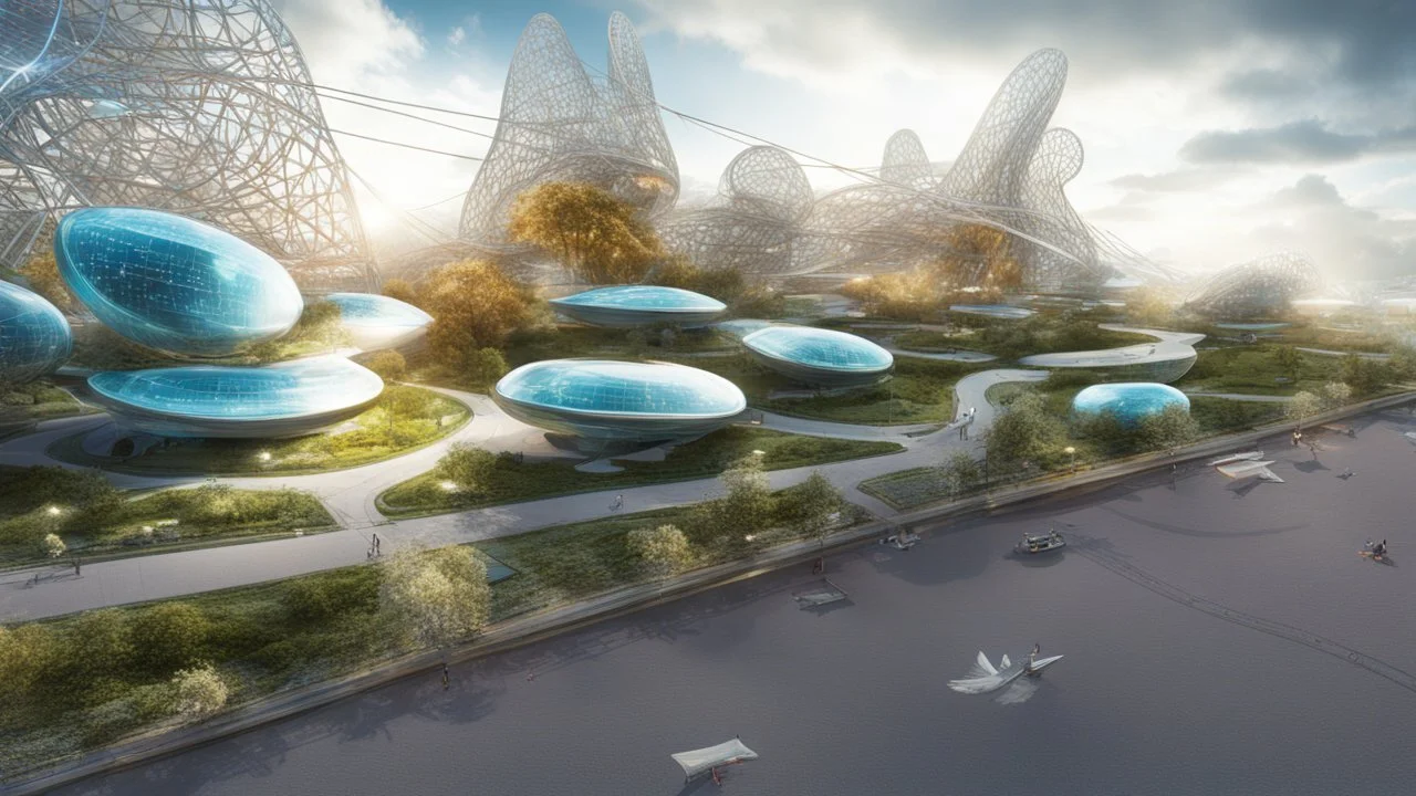 город будущего 2050, сказка, сияние, абстракция, вид с высоты птичьего полета,