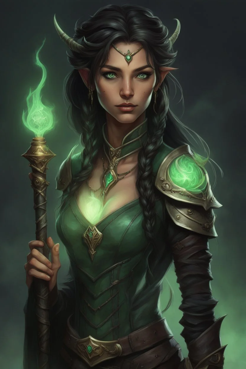 Young beautiful female Hexblood Warlock, lightly tanned skin, long silky dark brown-black hair with half-braids, glowing pale emerald-green eyes, delicate features, subtle twisted branch-like horn hidden in her hair, faint dark vine markings along neck and collarbone. Wears fitted dark leather rogue armor with enchanted details, brass genie lamp, Book of Shadows, Rod of the Pact Keeper, quarterstaff, lockpicks, silver spoon, on her belt. Dark fantasy, realistic, cinematic, highly detailed
