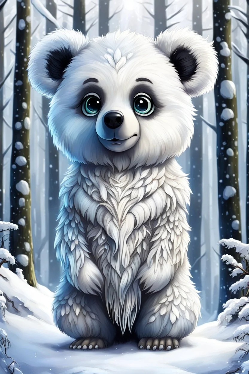 A chibi soft fluffy white furred, medium height mutant bear-cat mammal with medium snout, big dark eyes, big tassel ears, a cute fantasy creature. Tundra forest , snow in the background. sharp focus, intricate details, masterpiece