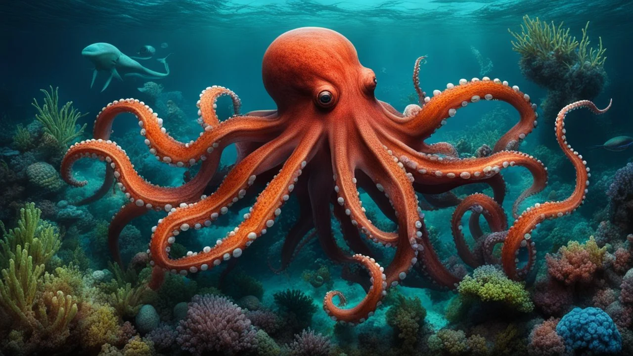 animals creatures, octopus, plants from subanautica from deep sea, leviathan's a lot of sea plants very deep, beautiful, river of magma, green and blue.