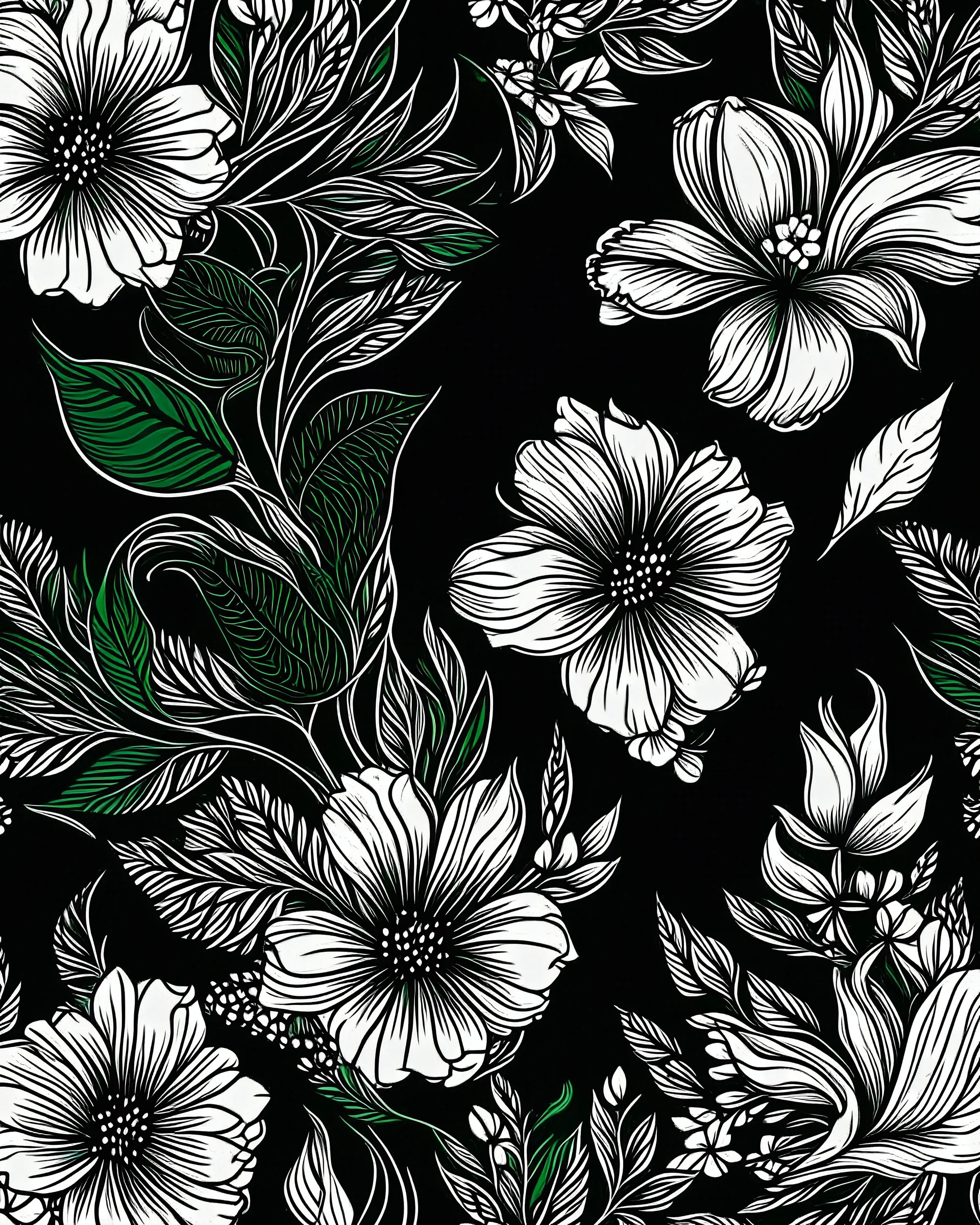 line sketch of seamless pattern half colored and half in black and white with flowers , dark green background