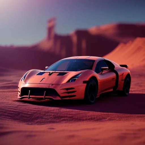 3d rendering. futuristic neon car. Buried in desert sand. Lost in Time, dramatic lighting, hyper realistic, cinematic lighting