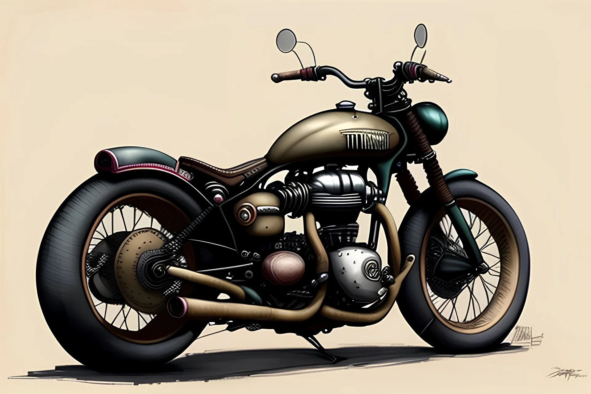 a classic ((((( triumph rat rod style bobber ))))), muted colors, intricate, detailed, centered, pivot on triumph, by jean-baptiste monge
