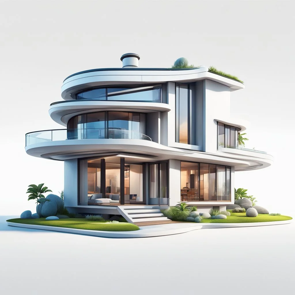 3D modern futuristic house in cartoon Pixar style on white background, png, high resolution, highly detailed texture.