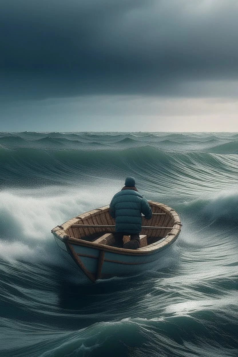 a man in row boat against the tied of the ocean storm