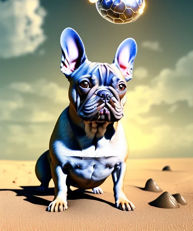 HD, high details, dramatic, detailed illustration of a french bulldog muscles standing on the sand, french bulldog wallpaper, detailed illustration of a french bulldog standing on the sand, french bulldog wallpaper, luminous body, sparkling body, full body, symmetrical body, realistic, luminous body, clear focus, carefully detailed, soft evening sky, muscular body, hulk body, a lot of muscles on the body, realistic body, beautiful dog