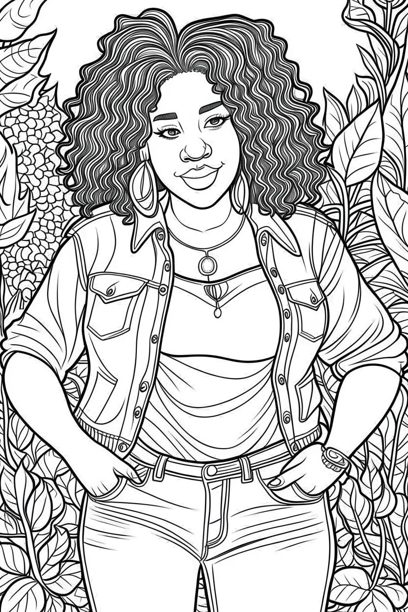 black curvy woman wearing jeans, eyes front camera coloring page floral background