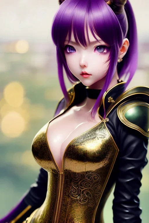 Detailed cute anime Kunoichi green eyed girl, brown hair buns, purple bangs, latex bodysuit, intricate details, full body portrait, keep head in frame, slight smile, black Japanese motif, concept art, highly detailed, digital painting, concept art, sharp focus, illustration, art by Yoji Shinkawa, WLOP and greg rutkowski and alphonse mucha and artgerm and yanjun Chen and Junji ito and Makoto Shinkai, HDR, octane render