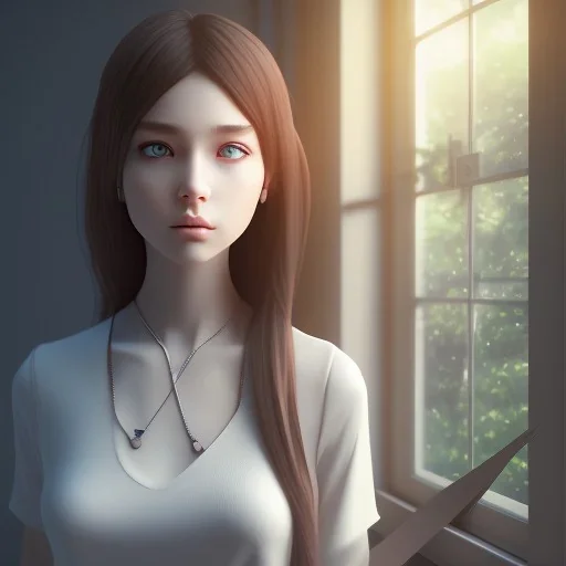 Anime, female student studying by the window,perfect face, cool face, ultra detail, unreal engine 5, cinema4d, sun light, studio lighting --ar 1:1 --v 4