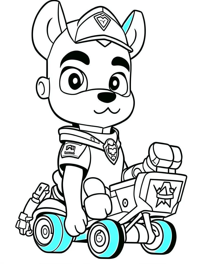 outline art for Paw Patrol Wheelchair coloring page, Japanese manga style, cartoon style, cute face, white background sketch style, full body is a must, only use outline, clean line art, no shadow, bold outline