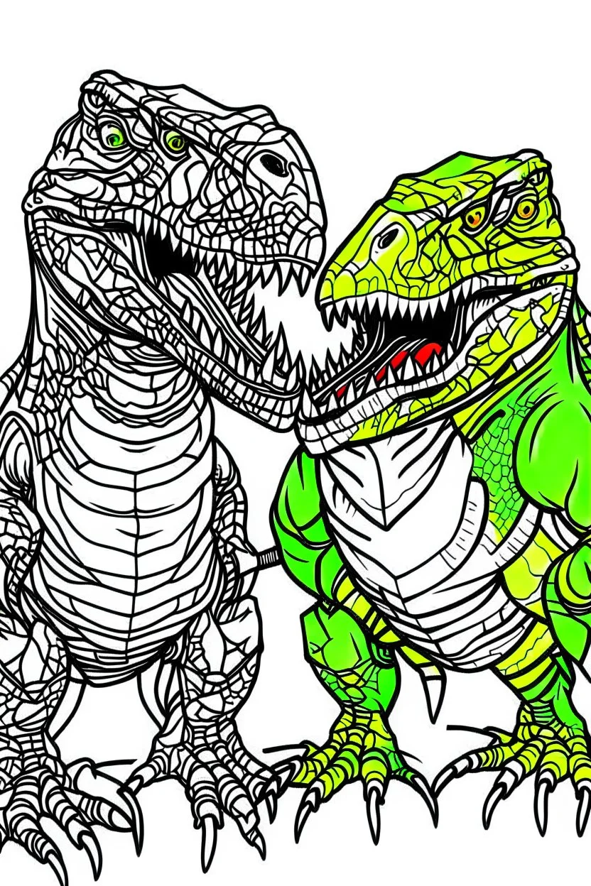 create a coloring page, white background Illustrate two young T-Rexes engaged in a roaring contest to establish dominance over their territory. Kids can color the T-Rexes with bold colors and fierce expressions. ink drawing clipart, simple line illustrations, colored