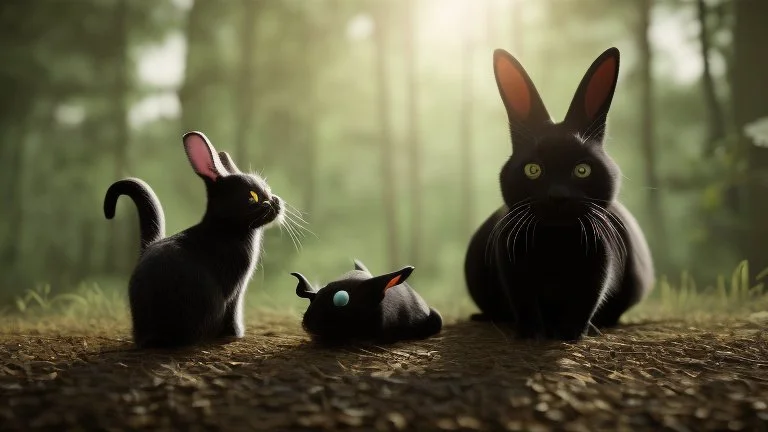 A black cat staring a white rabbit in the forest.