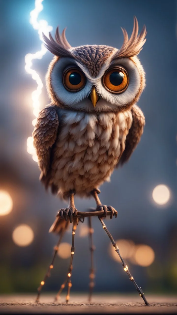 weird owl alien bird walking on stilts, getting hit by lightening electric arc, with big disturbed eyes,bokeh like f/0.8, tilt-shift lens 8k, high detail, smooth render, down-light, unreal engine, prize winning