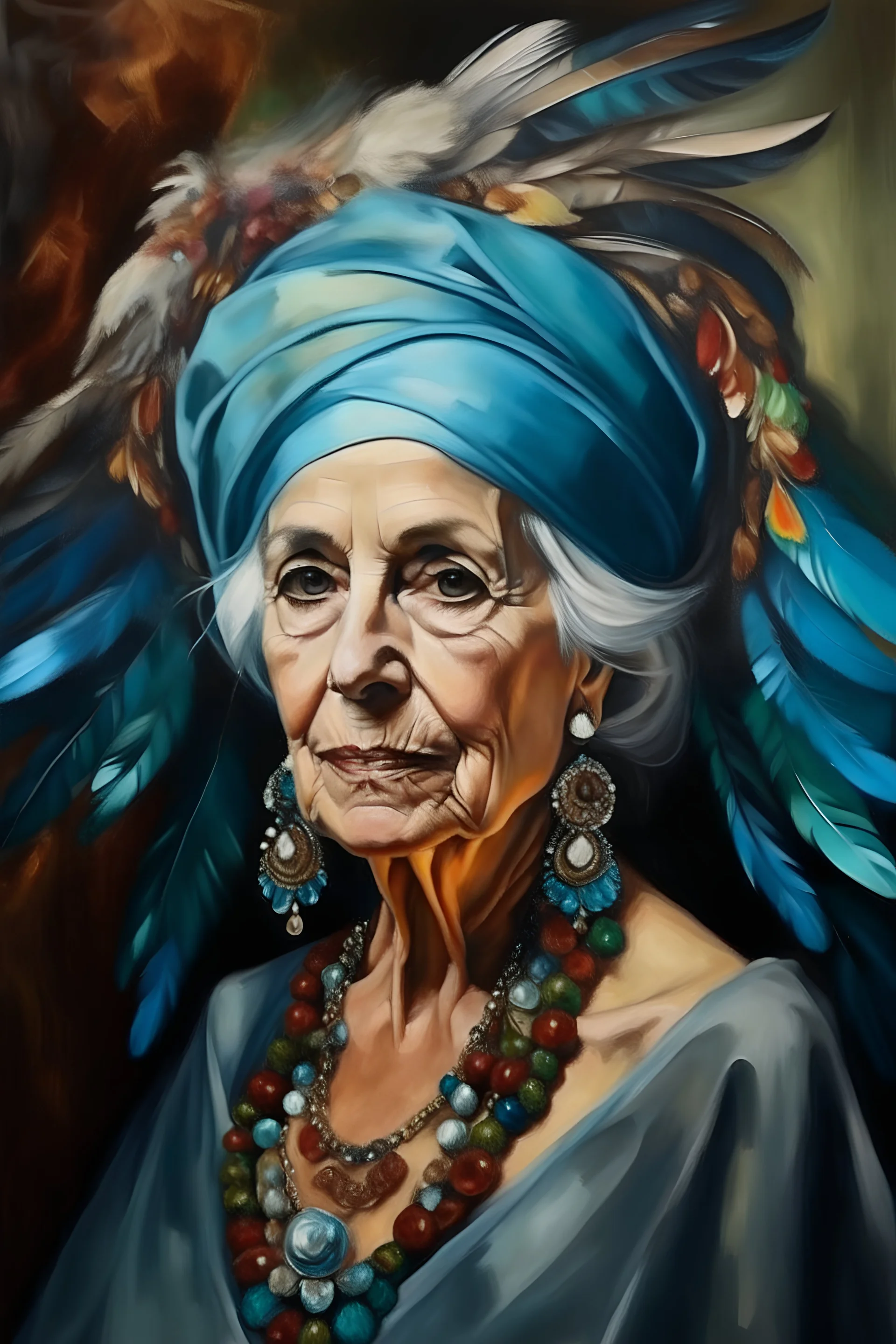 Painted portrait of mature woman in turban, long hair and wings and loads of jewellery painted by brush in style of Tiffany's stainless lamps